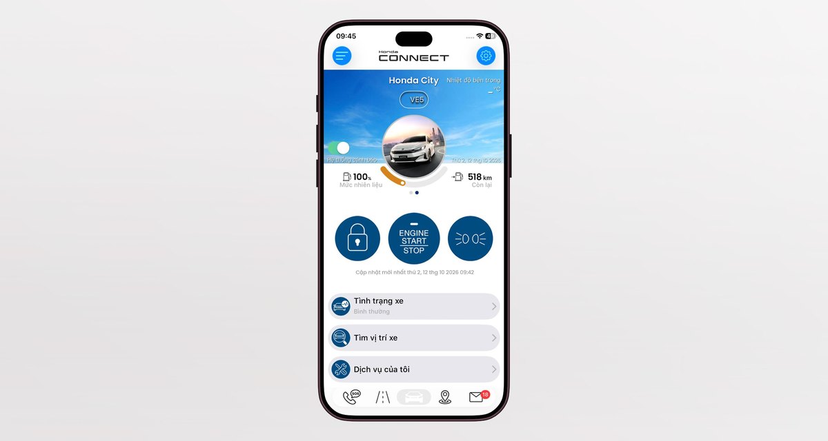 Giao diện Honda CONNECT trên điện thoại thông minh